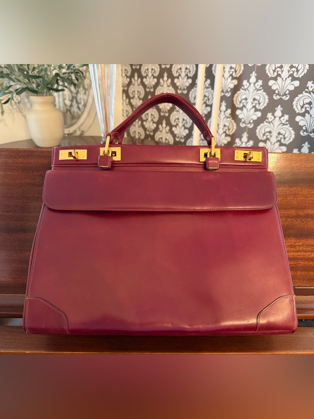 Vintage Leandro Firenze Italian Burgundy Leather Handbag Satchel Briefcase Locks
